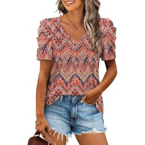 imageXIEERDUO Womens Summer Shirt V Neck Casual Tshirts Puff Sleeve Tops for Women Solid Color XS3XL21bohemia
