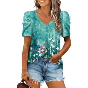 imageXIEERDUO Womens Summer Shirt V Neck Casual Tshirts Puff Sleeve Tops for Women Solid Color XS3XL22floral Green