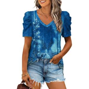 imageXIEERDUO Womens Summer Shirt V Neck Casual Tshirts Puff Sleeve Tops for Women Solid Color XS3XL22multi Navy