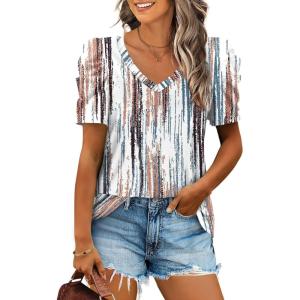 imageXIEERDUO Womens Summer Shirt V Neck Casual Tshirts Puff Sleeve Tops for Women Solid Color XS3XL22tiedye