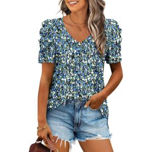 imageXIEERDUO Womens Summer Shirt V Neck Casual Tshirts Puff Sleeve Tops for Women Solid Color XS3XL24blue Print