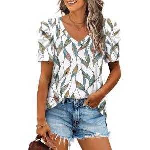 imageXIEERDUO Womens Summer Shirt V Neck Casual Tshirts Puff Sleeve Tops for Women Solid Color XS3XL24colorful Leaves