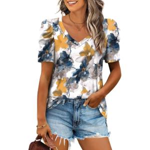 imageXIEERDUO Womens Summer Shirt V Neck Casual Tshirts Puff Sleeve Tops for Women Solid Color XS3XL24multi Teal