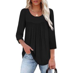 imageXIEERDUO 34 Length Sleeve Womens Tops Crew Neck Pleated Blouses For Women Dressy Casual Tunic Shirts S3XLBlack