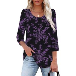 imageXIEERDUO 34 Length Sleeve Womens Tops Crew Neck Pleated Blouses For Women Dressy Casual Tunic Shirts S3XLBlack Purple Flowers