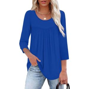 imageXIEERDUO 34 Length Sleeve Womens Tops Crew Neck Pleated Blouses For Women Dressy Casual Tunic Shirts S3XLBlue