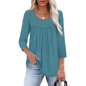 imageXIEERDUO 34 Length Sleeve Womens Tops Crew Neck Pleated Blouses For Women Dressy Casual Tunic Shirts S3XLBlue Green
