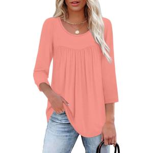 imageXIEERDUO 34 Length Sleeve Womens Tops Crew Neck Pleated Blouses For Women Dressy Casual Tunic Shirts S3XLCoral