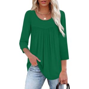 imageXIEERDUO 34 Length Sleeve Womens Tops Crew Neck Pleated Blouses For Women Dressy Casual Tunic Shirts S3XLGreen