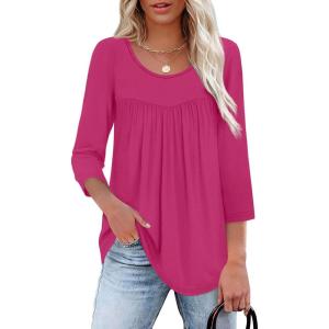 imageXIEERDUO 34 Length Sleeve Womens Tops Crew Neck Pleated Blouses For Women Dressy Casual Tunic Shirts S3XLHot Pink