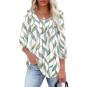 imageXIEERDUO 34 Length Sleeve Womens Tops Crew Neck Pleated Blouses For Women Dressy Casual Tunic Shirts S3XLLeaf Prints