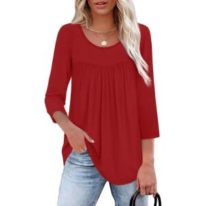imageXIEERDUO 34 Length Sleeve Womens Tops Crew Neck Pleated Blouses For Women Dressy Casual Tunic Shirts S3XLRed