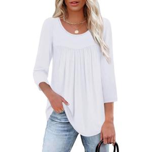imageXIEERDUO 34 Length Sleeve Womens Tops Crew Neck Pleated Blouses For Women Dressy Casual Tunic Shirts S3XLWhite