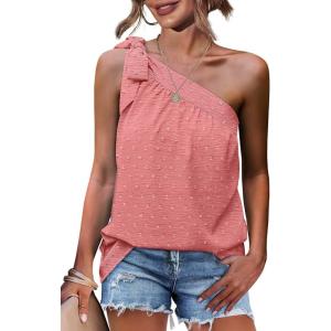 imageXIEERDUO One Shoulder Tops for Women Summer Chiffon Shirts Tie Bow Knot Sleeveless Tank Tops Loose FitCoral