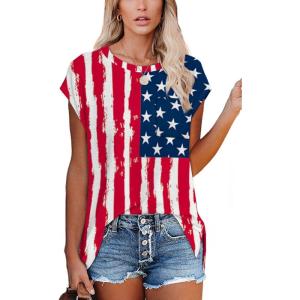 imageXIEERDUO T Shirts for Women Loose Fit Cap Sleeve T Shirts with Pocket for Women033flag