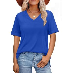 imageXIEERDUO Womens Summer Tops Short Sleeve Shirts Trendy V Neck T Shirts for Women Casual TopsBlue