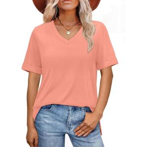 imageXIEERDUO Womens Summer Tops Short Sleeve Shirts Trendy V Neck T Shirts for Women Casual TopsCoral