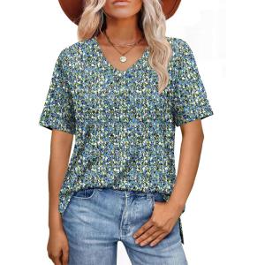 imageXIEERDUO Womens Summer Tops Short Sleeve Shirts Trendy V Neck T Shirts for Women Casual TopsFloral Blue