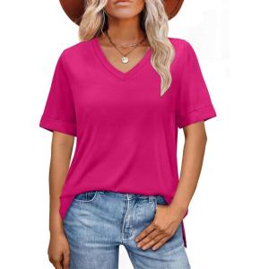 imageXIEERDUO Womens Summer Tops Short Sleeve Shirts Trendy V Neck T Shirts for Women Casual TopsHot Pink