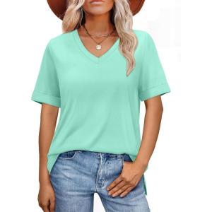 imageXIEERDUO Womens Summer Tops Short Sleeve Shirts Trendy V Neck T Shirts for Women Casual TopsLake Green