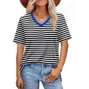 imageXIEERDUO Womens Summer Tops Short Sleeve Shirts Trendy V Neck T Shirts for Women Casual TopsStripe Black White