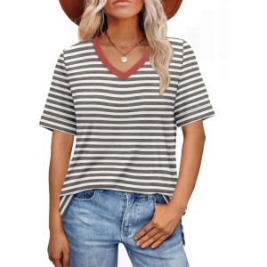 imageXIEERDUO Womens Summer Tops Short Sleeve Shirts Trendy V Neck T Shirts for Women Casual TopsStripe Coffee White