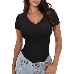 imageXIEERDUO Womens Summer Tops V Neck T Shirts for Women Beach Vacation Clothes Short Sleeve Shirts for Women Basic TeeBlack