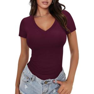 imageXIEERDUO Womens Summer Tops V Neck T Shirts for Women Beach Vacation Clothes Short Sleeve Shirts for Women Basic TeeDark Red