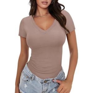 imageXIEERDUO Womens Summer Tops V Neck T Shirts for Women Beach Vacation Clothes Short Sleeve Shirts for Women Basic TeeKhaki