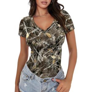 imageXIEERDUO Womens Summer Tops V Neck T Shirts for Women Beach Vacation Clothes Short Sleeve Shirts for Women Basic TeeLeaf Print