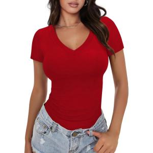 imageXIEERDUO Womens Summer Tops V Neck T Shirts for Women Beach Vacation Clothes Short Sleeve Shirts for Women Basic TeeWine Red