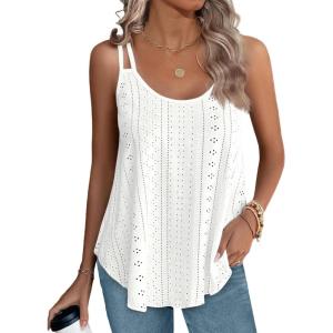 imageXIEERDUO Womens Tank Tops Spaghetti Strap Camisoles Eyelet Embroidery Scoop Neck TopsH White