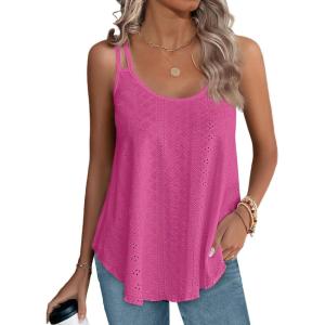 imageXIEERDUO Womens Tank Tops Spaghetti Strap Camisoles Eyelet Embroidery Scoop Neck TopsI Hot Pink