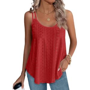 imageXIEERDUO Womens Tank Tops Spaghetti Strap Camisoles Eyelet Embroidery Scoop Neck TopsJ Red