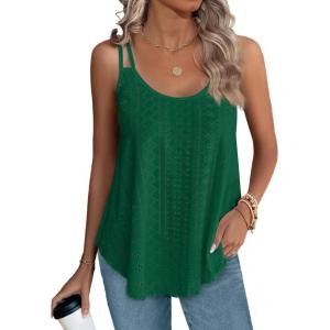 imageXIEERDUO Womens Tank Tops Spaghetti Strap Camisoles Eyelet Embroidery Scoop Neck TopsL Dark Green
