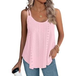 imageXIEERDUO Womens Tank Tops Spaghetti Strap Camisoles Eyelet Embroidery Scoop Neck TopsLight Pink