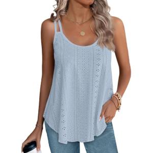 imageXIEERDUO Womens Tank Tops Spaghetti Strap Camisoles Eyelet Embroidery Scoop Neck TopsM3 Blue