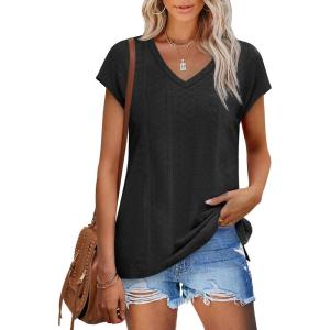 imageXIEERDUO Womens Tops V Neck Cap Sleeve Loose Fit Tee Shirts Summer Spring 2025 EyeletPrintedEyelet Black