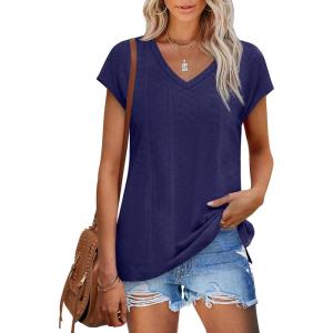 imageXIEERDUO Womens Tops V Neck Cap Sleeve Loose Fit Tee Shirts Summer Spring 2025 EyeletPrintedEyelet Navy