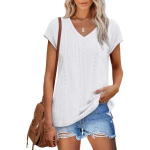 imageXIEERDUO Womens Tops V Neck Cap Sleeve Loose Fit Tee Shirts Summer Spring 2025 EyeletPrintedEyelet White