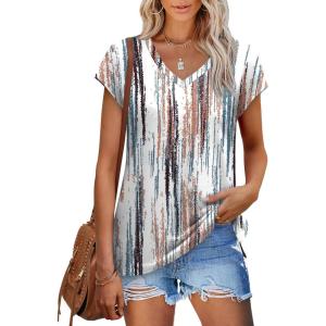 imageXIEERDUO Womens Tops V Neck Cap Sleeve Loose Fit Tee Shirts Summer Spring 2025 EyeletPrintedPrinted B