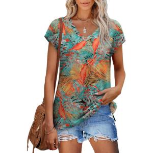 imageXIEERDUO Womens Tops V Neck Cap Sleeve Loose Fit Tee Shirts Summer Spring 2025 EyeletPrintedPrinted E