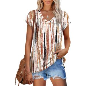 imageXIEERDUO Womens Tops V Neck Cap Sleeve Loose Fit Tee Shirts Summer Spring 2025 EyeletPrintedPrinted I