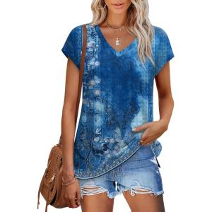 imageXIEERDUO Womens Tops V Neck Cap Sleeve Loose Fit Tee Shirts Summer Spring 2025 EyeletPrintedPrinted J