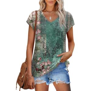 imageXIEERDUO Womens Tops V Neck Cap Sleeve Loose Fit Tee Shirts Summer Spring 2025 EyeletPrintedPrinted K