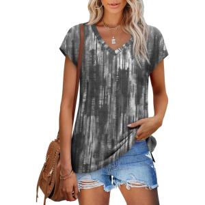 imageXIEERDUO Womens Tops V Neck Cap Sleeve Loose Fit Tee Shirts Summer Spring 2025 EyeletPrintedPrinted L