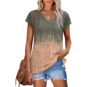 imageXIEERDUO Womens Tops V Neck Cap Sleeve Loose Fit Tee Shirts Summer Spring 2025 EyeletPrintedPrinted a