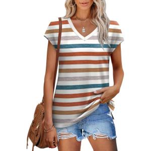 imageXIEERDUO Womens Tops V Neck Cap Sleeve Loose Fit Tee Shirts Summer Spring 2025 EyeletPrintedStriped B