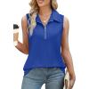 imageXIEERDUO Womens Summer Tops V Neck Collared Shirts Dressy Casual Ribbed Tank Top with Zipper Loose FitBlue