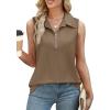 imageXIEERDUO Womens Summer Tops V Neck Collared Shirts Dressy Casual Ribbed Tank Top with Zipper Loose FitCamel